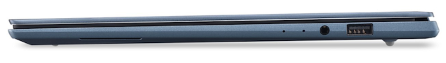 Vista lateral de un portátil azul cerrado con puerto USB y conector de auriculares.