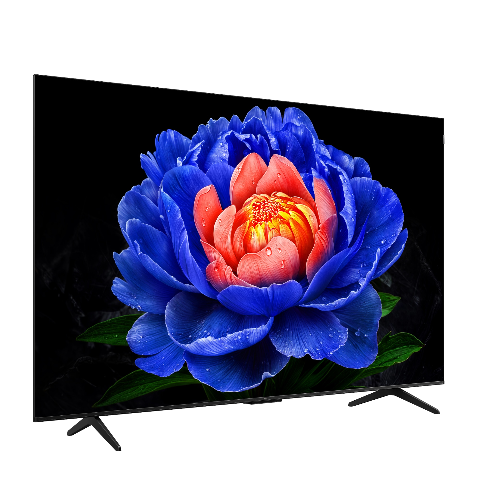 Ekranında mavi ve turuncu çiçek resmi gösteren şık bir TV.