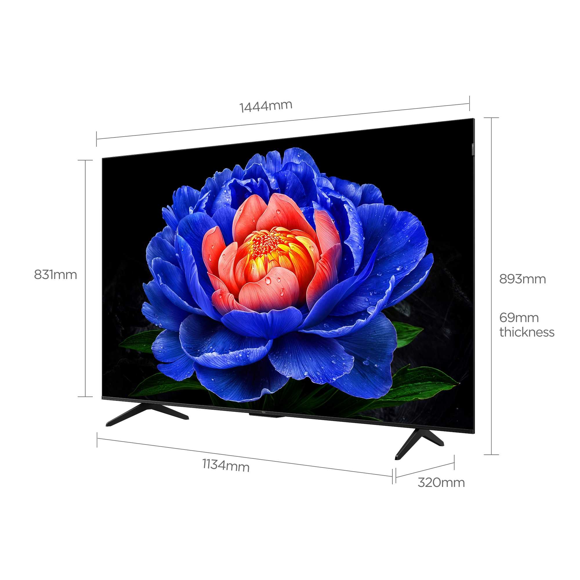 Mavi ve kırmızı çiçek resmi gösteren 1444mm TV. Boyutlar: 831mm Y, 69mm D.