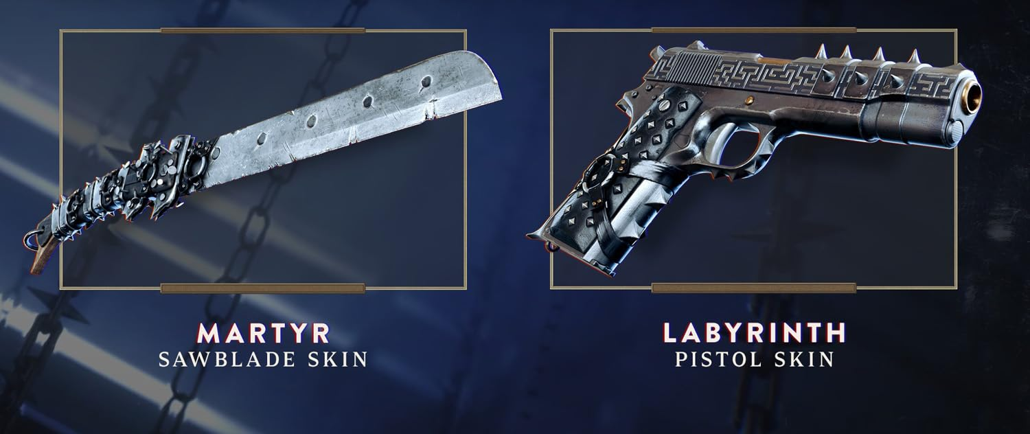 Un'arma a lama di sega e una pistola con skin metalliche scure e spuntoni.