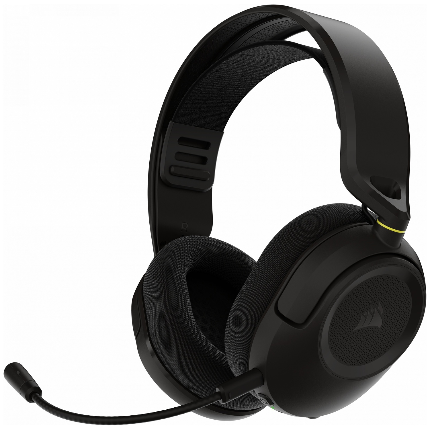 Casque circum-auriculaire noir avec microphone sur fond blanc.
