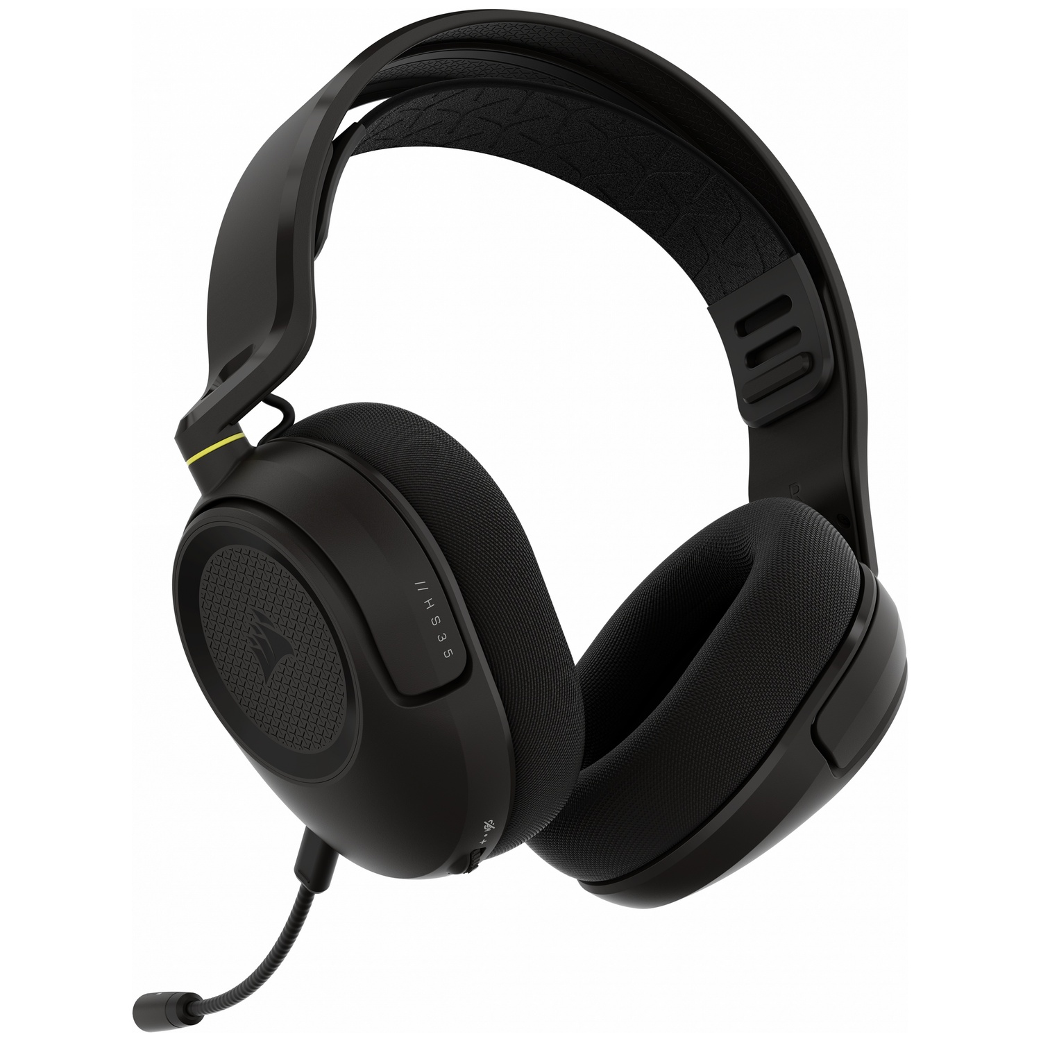 Un casque de jeu Corsair noir avec microphone flexible est présenté sur fond blanc.