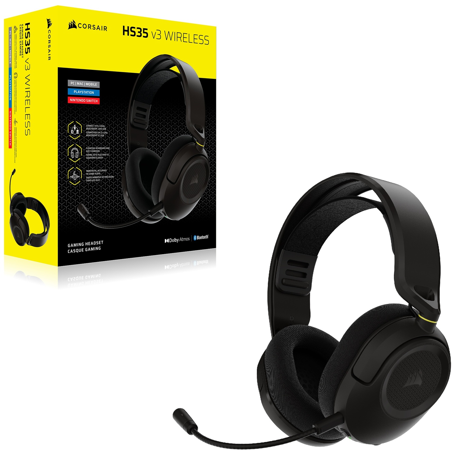 Casque gaming Corsair HS35 V3 Wireless noir avec emballage jaune et noir.