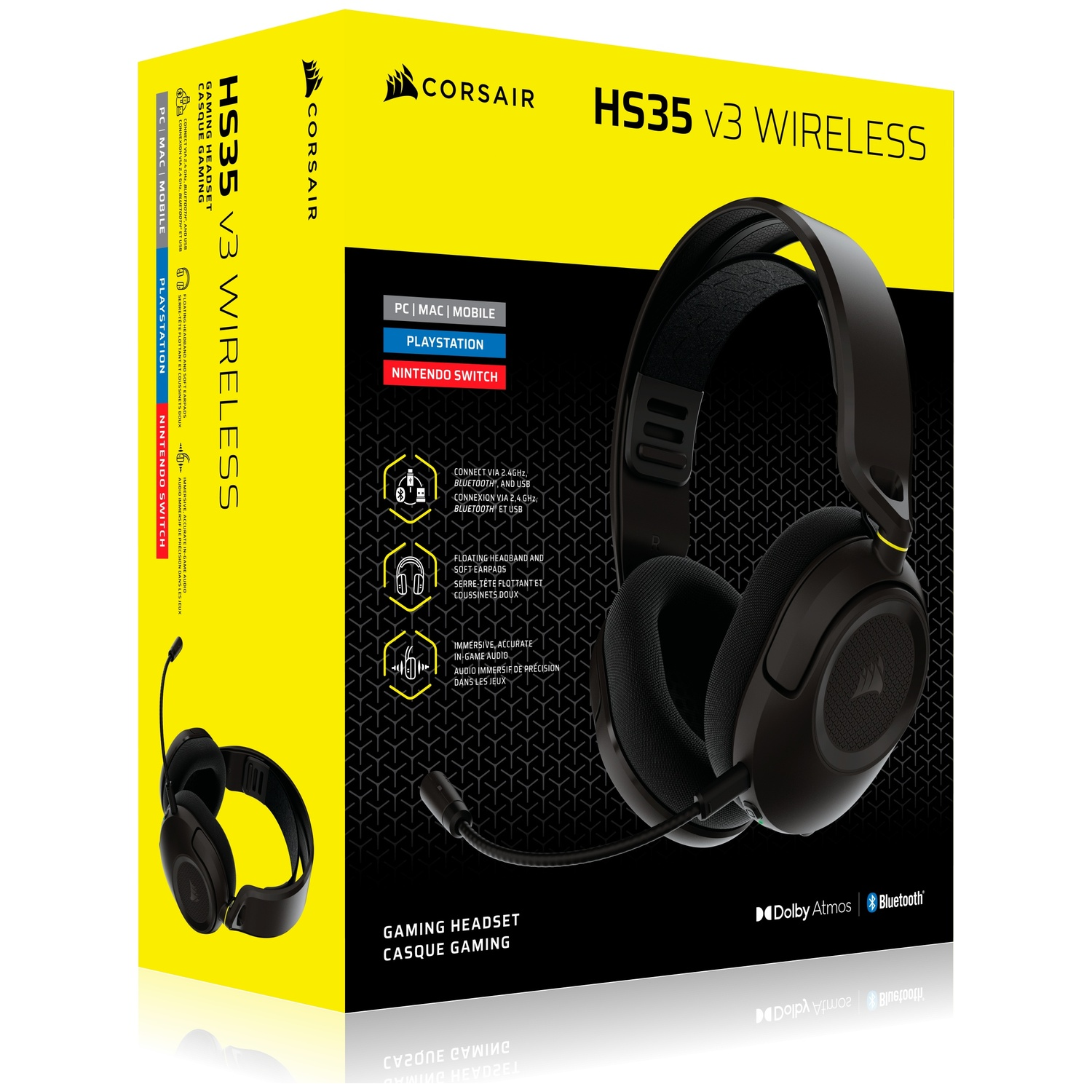 Emballage d'un casque gaming noir sans fil Corsair HS35 v3 avec microphone.