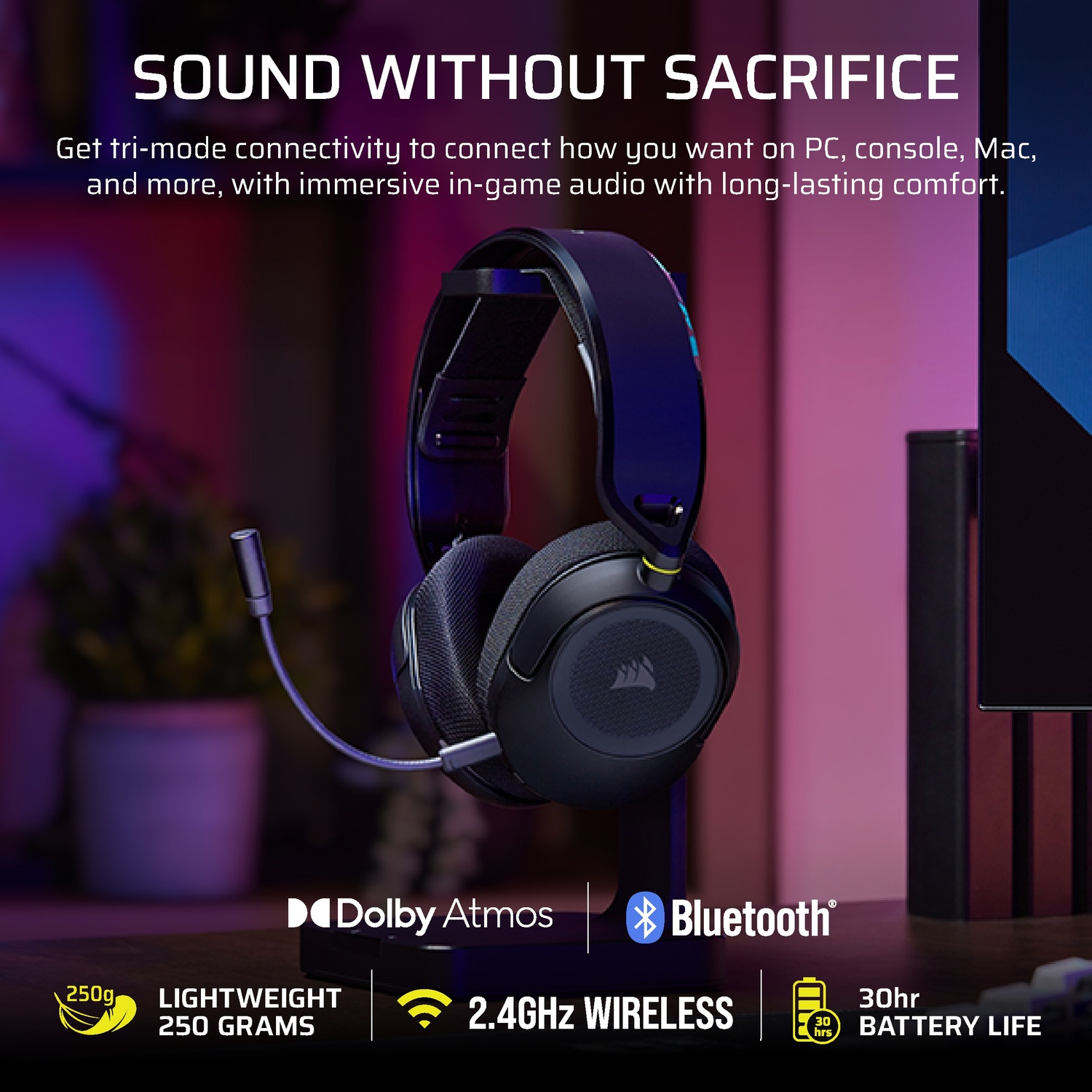 Casque gaming noir avec micro, Dolby Atmos, Bluetooth et 30h d'autonomie.