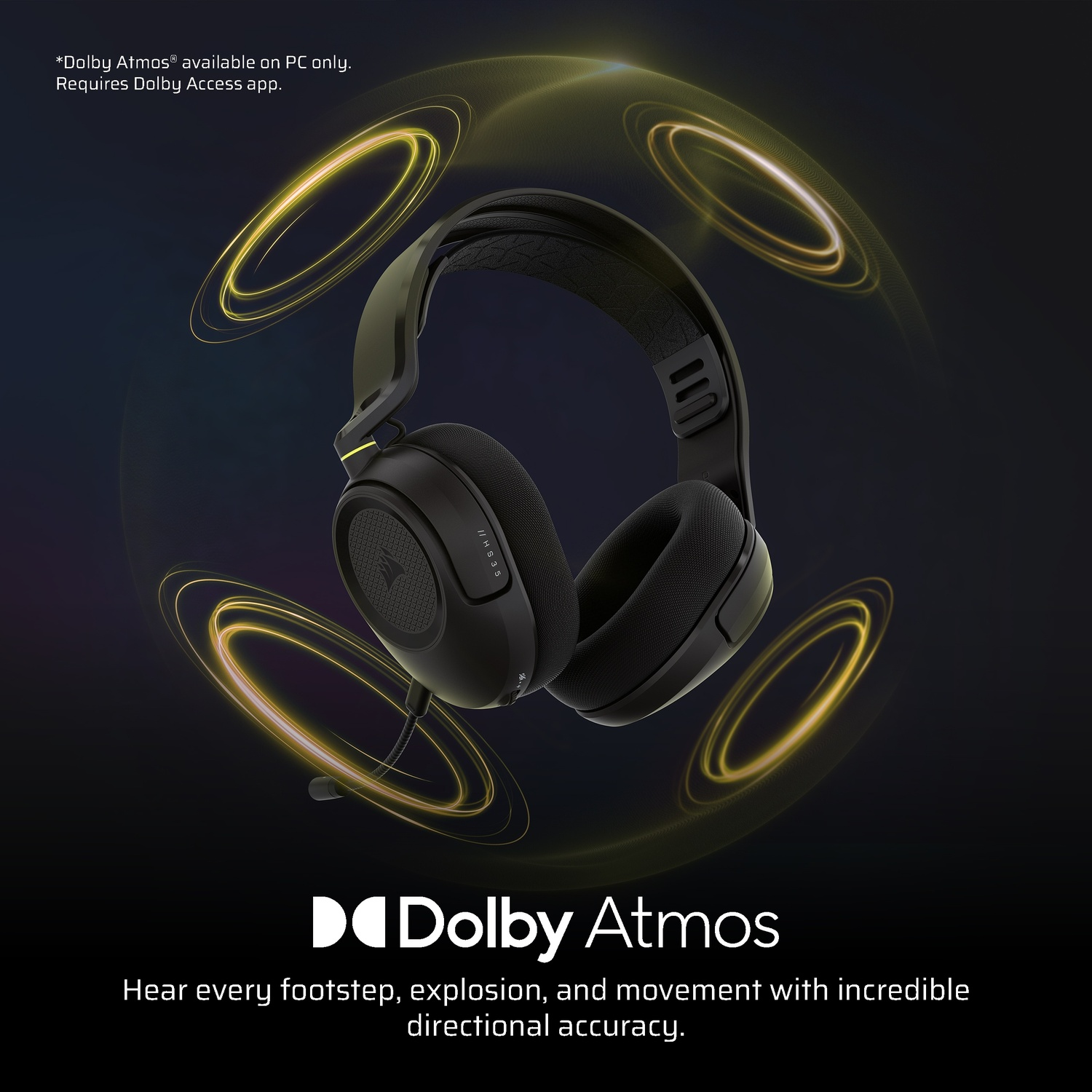 Casque noir avec logo Dolby Atmos et ondes sonores jaunes.