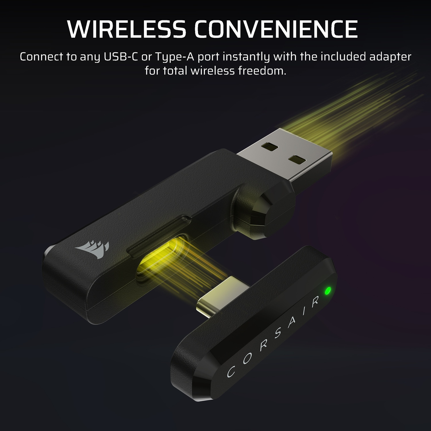 Un adaptateur USB noir avec des rayons lumineux jaunes et un voyant vert.