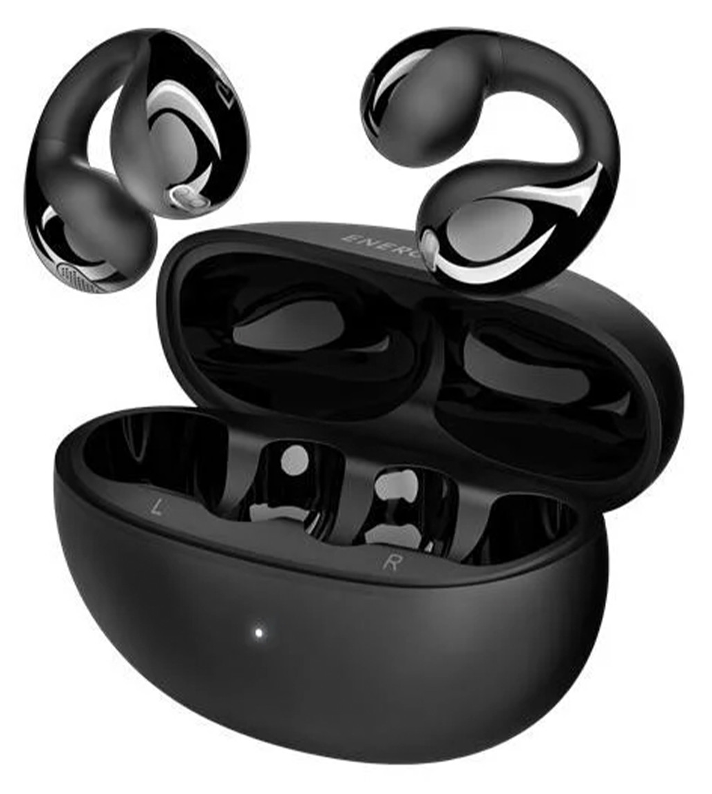 Fekete vezeték nélküli fülhallgató töltőtokkal, egy egység mellette.