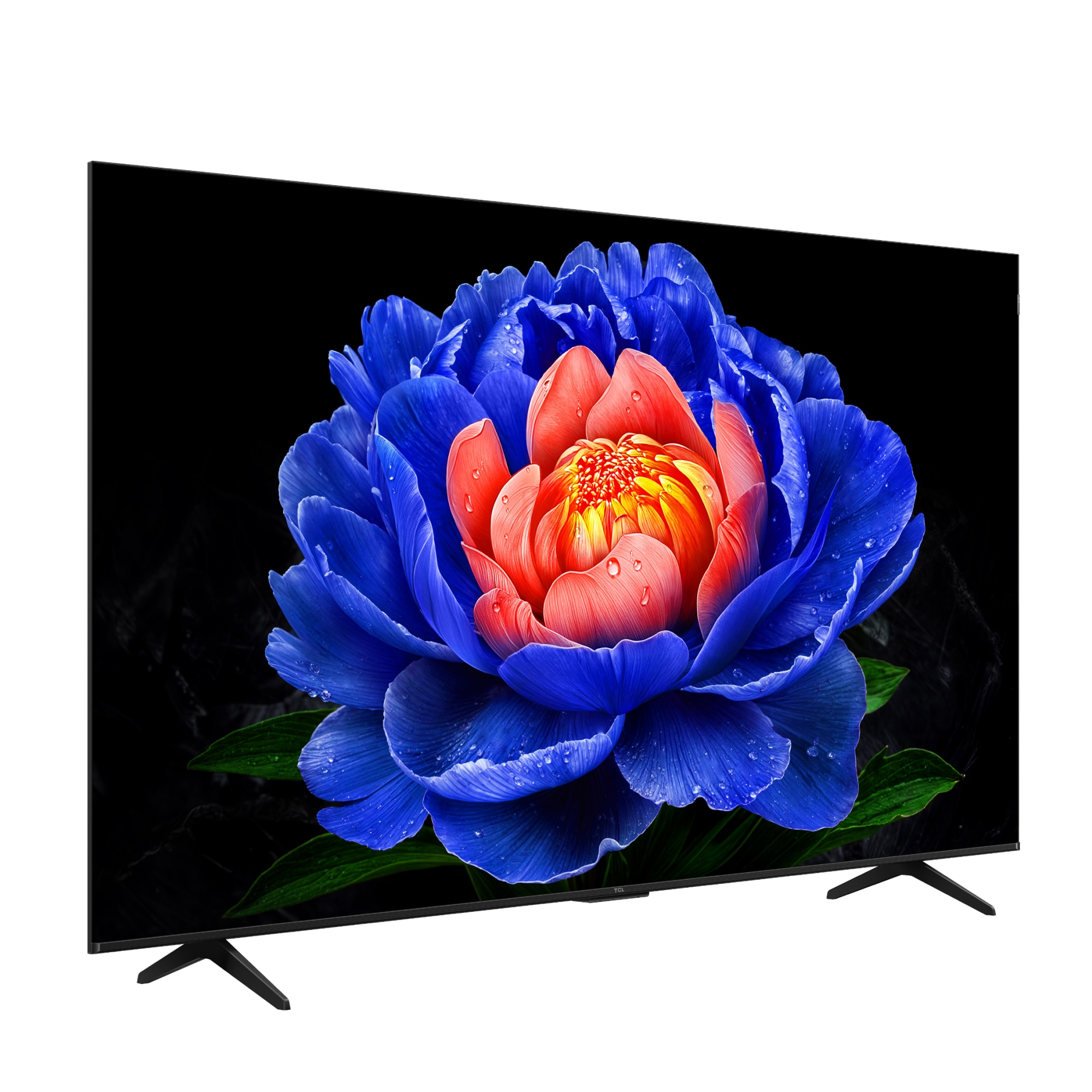 Ekranında mavi ve kırmızı çiçek resmi gösteren modern bir televizyon.