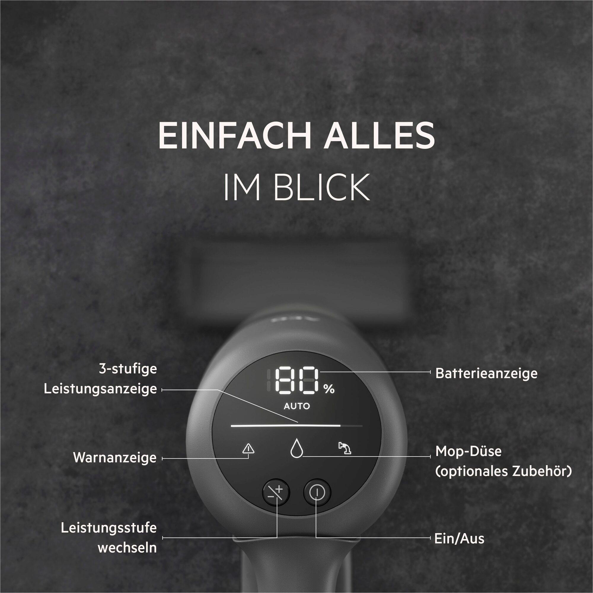Ein Staubsaugerdisplay zeigt 80% Akkuladung, AUTO-Modus, Leistungsstufen und Zubehör an.