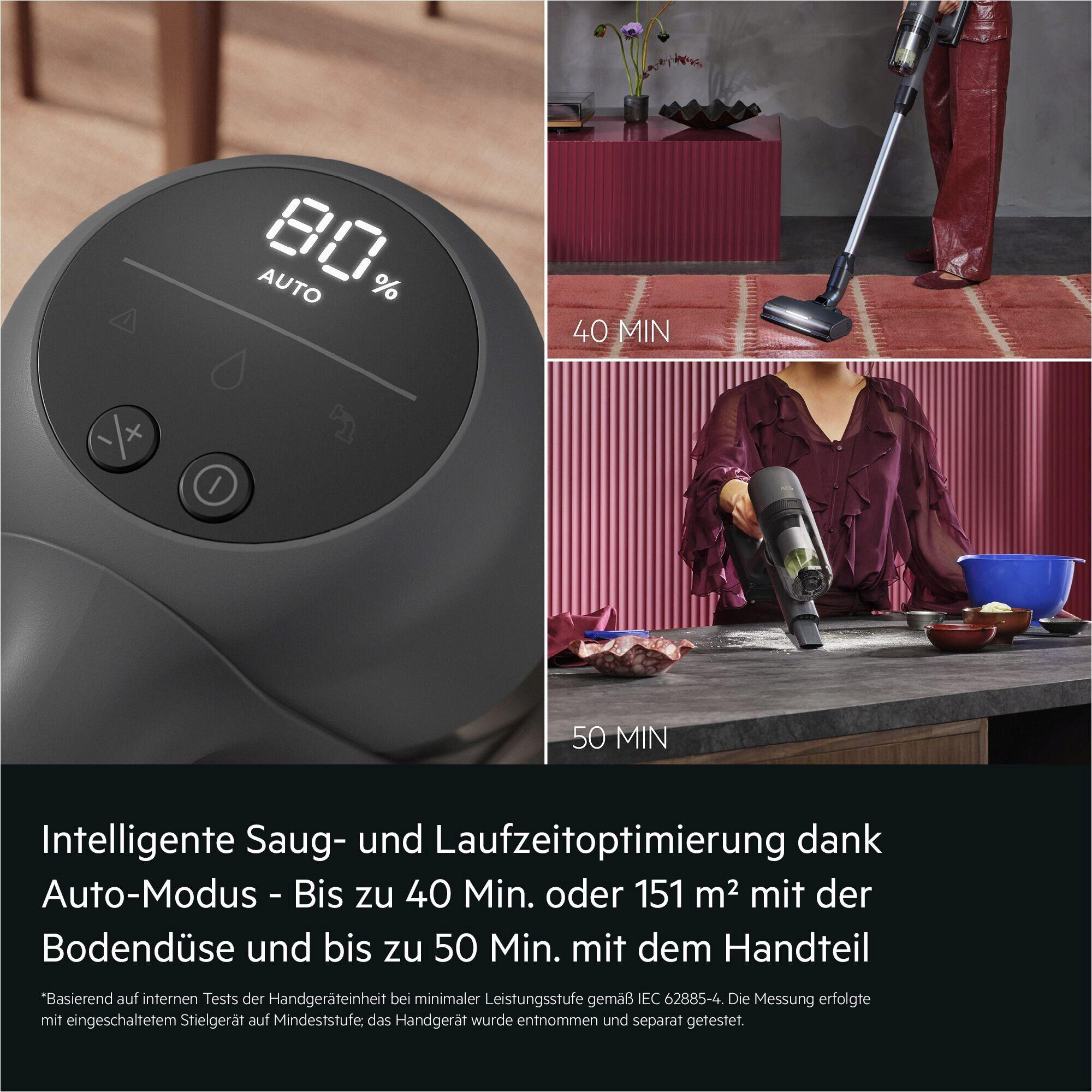 Ein Staubsauger-Display zeigt 80% Akku. Eine Frau saugt Teppich und eine andere einen Tisch.