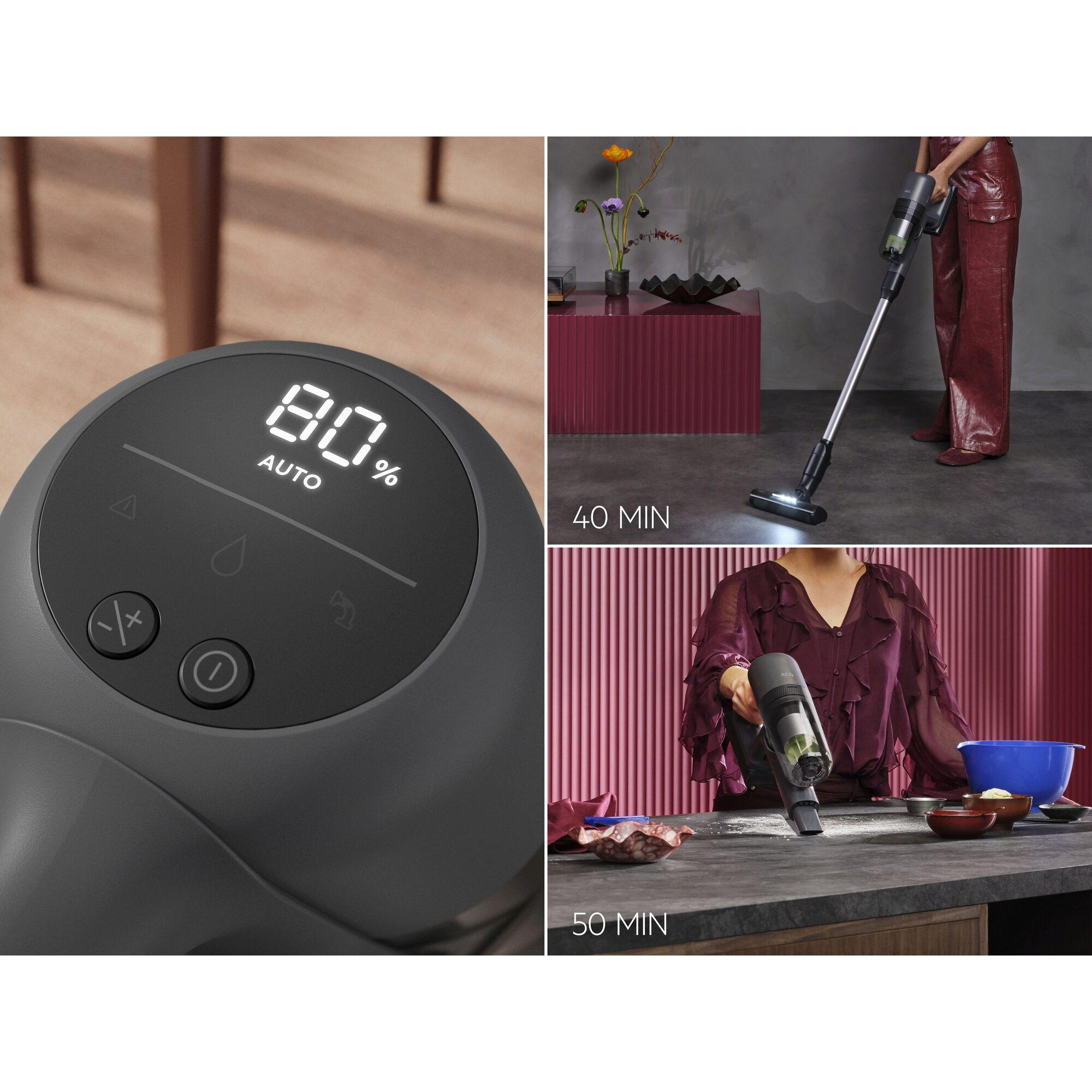 Ein Staubsauger mit Display, der 80% anzeigt, und eine Person beim Reinigen.