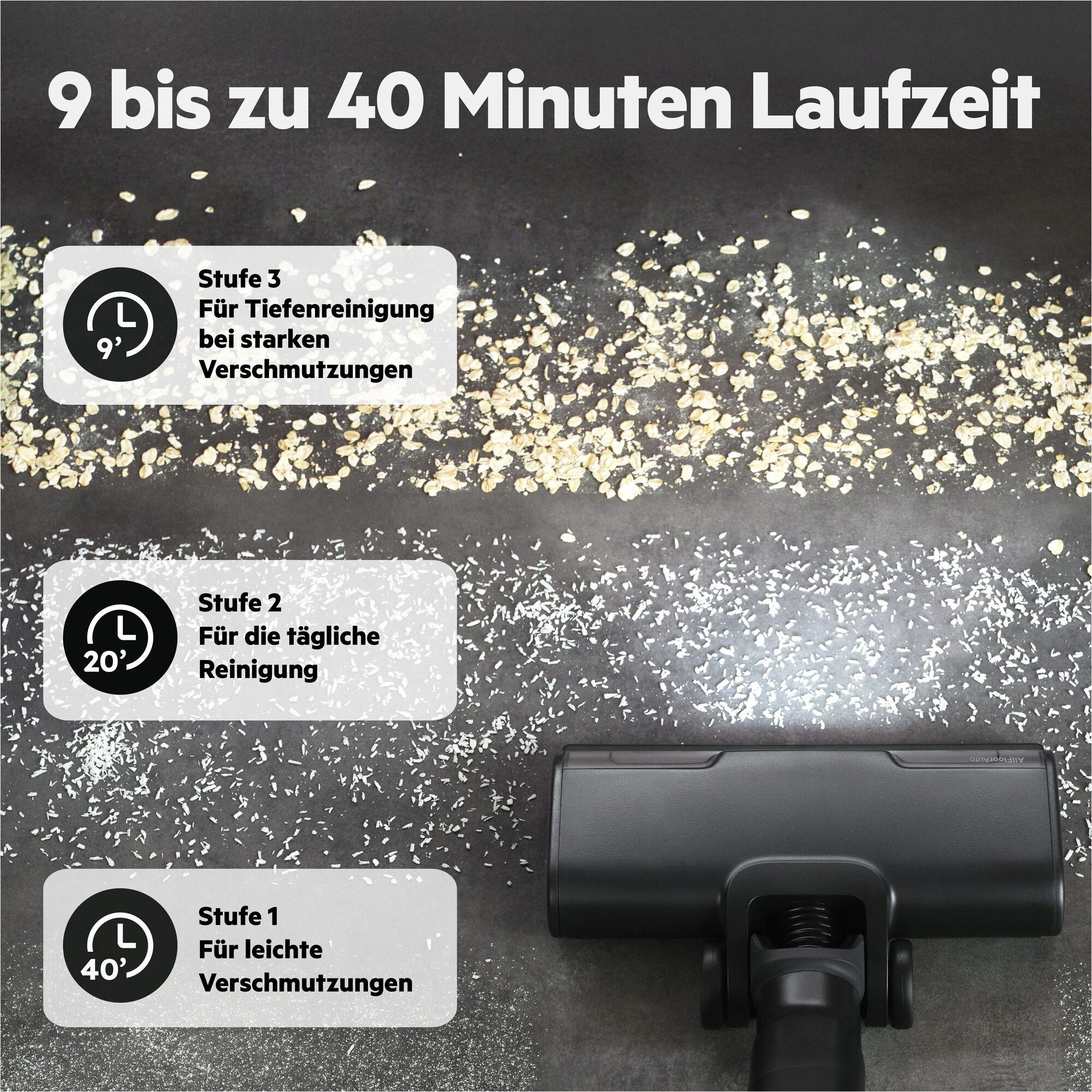 Staubsaugerboden mit 3 Stufen für Laufzeiten von 9-40 Min. mit Krümeln.