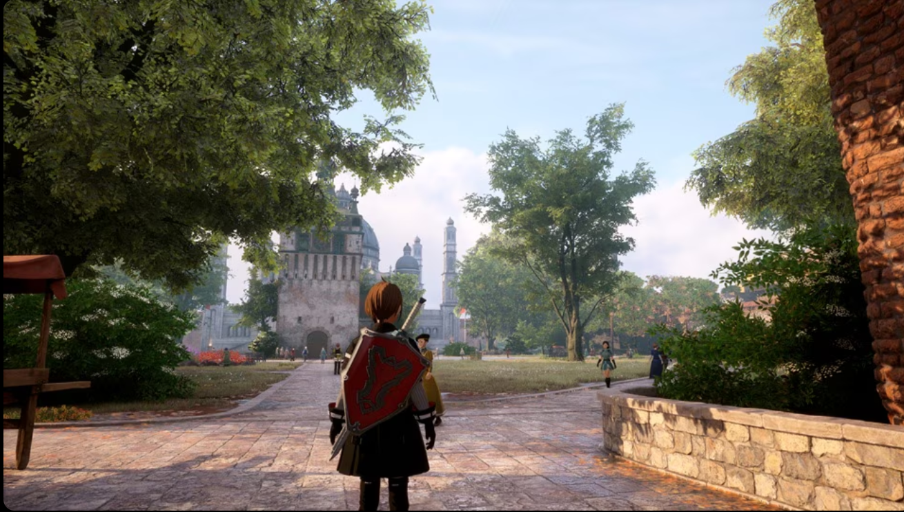 Un personaje con escudo se alza ante un castillo. Se ven árboles y cielo azul.