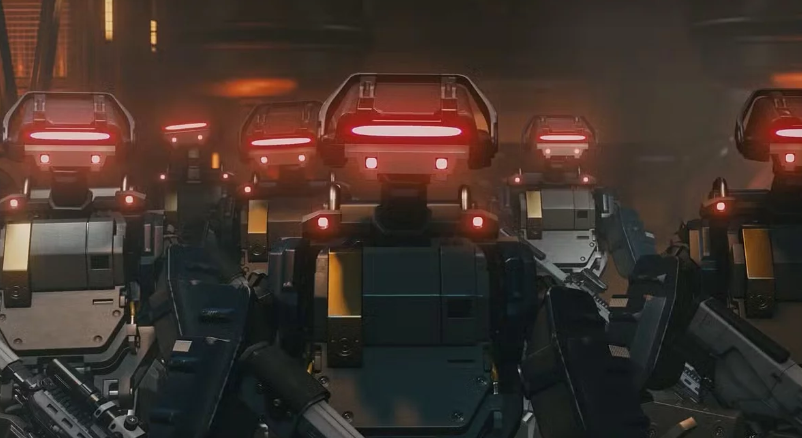 Una fila de robots con ojos rojos brillantes y armas.