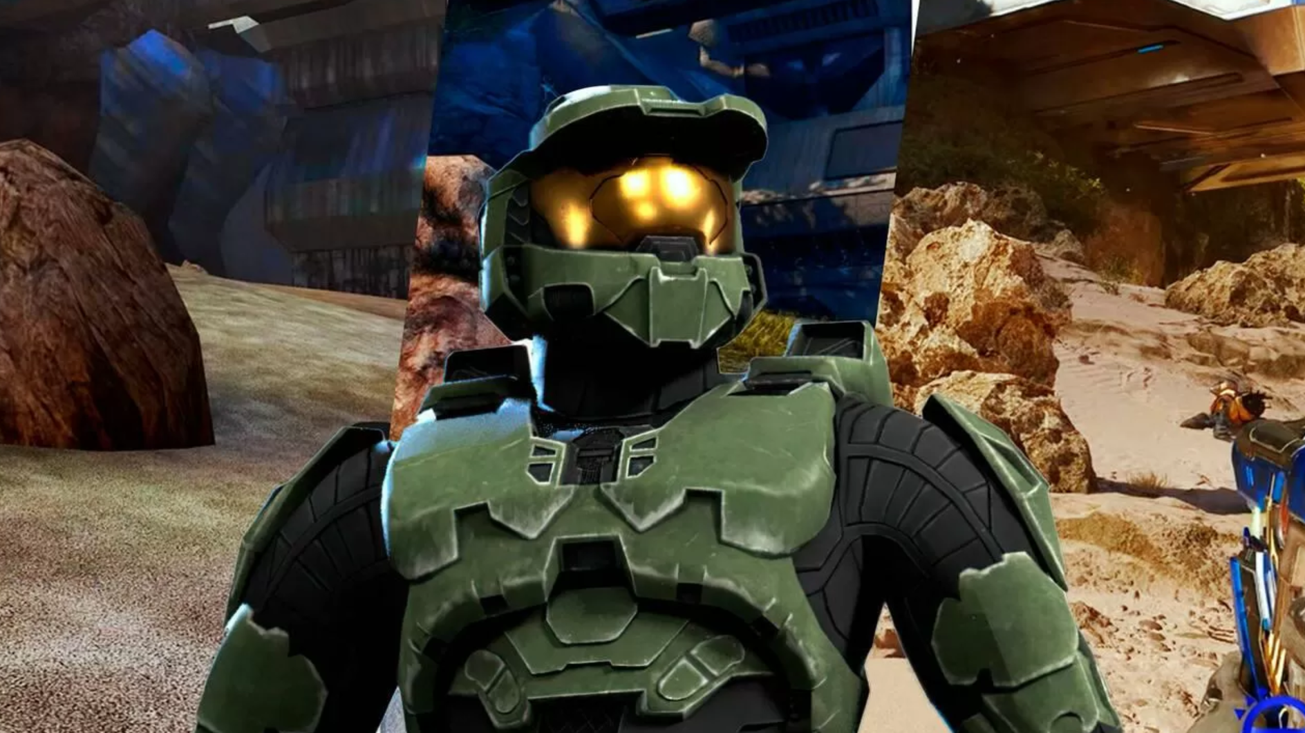 Master Chief con armadura verde y visor dorado, en un paisaje desértico con rocas.