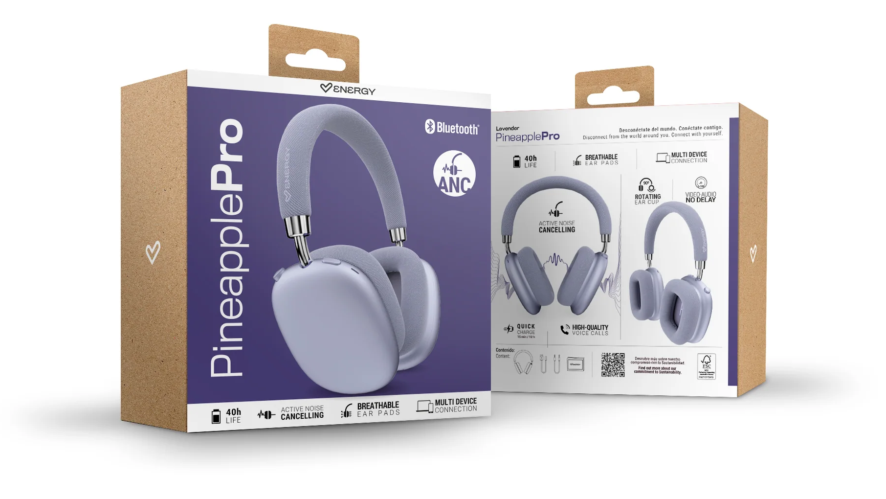 Lila PineapplePro fejhallgató csomagolása ANC-vel és Bluetooth-szal.