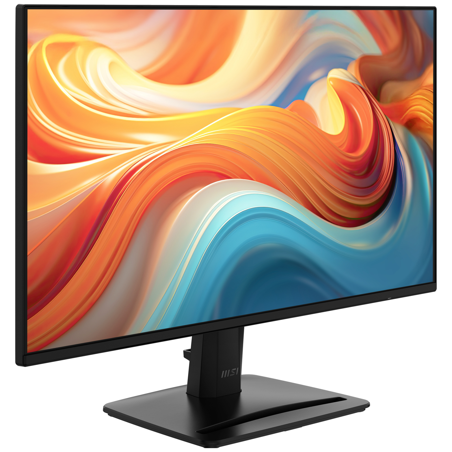 Een zwarte monitor met een kleurige, wervelende abstracte achtergrond.