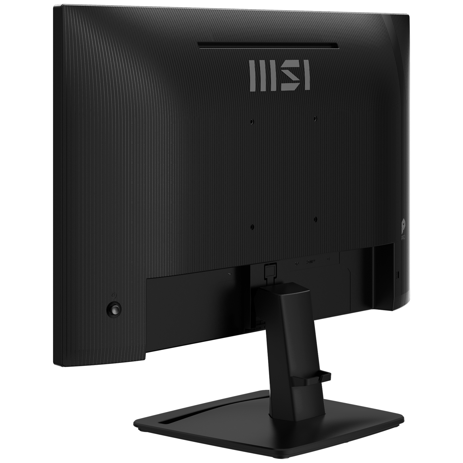 Achterkant van een zwarte monitor met verticale lijnen en MSI-logo.