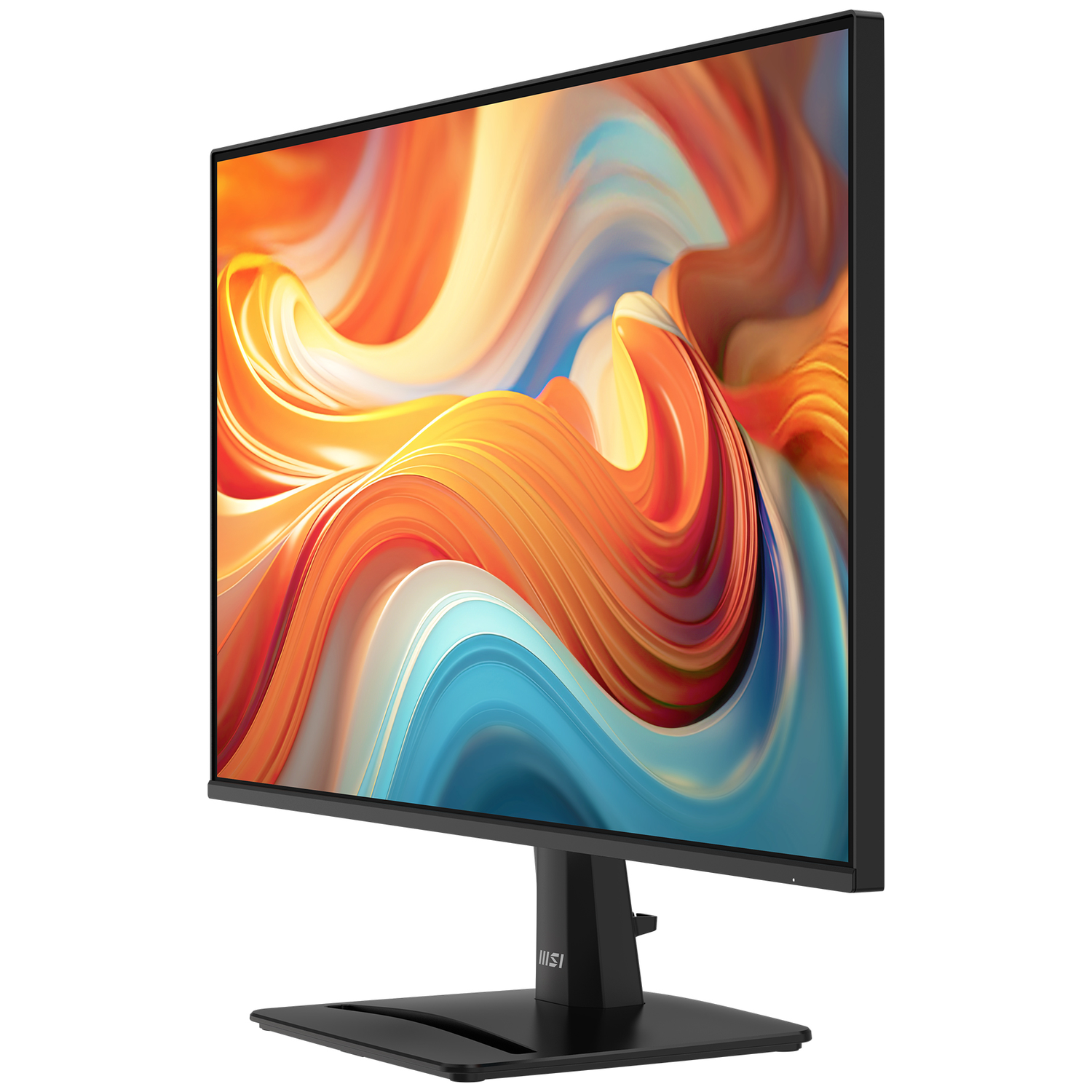 Een zwarte monitor met een levendige, abstracte achtergrond op het scherm.