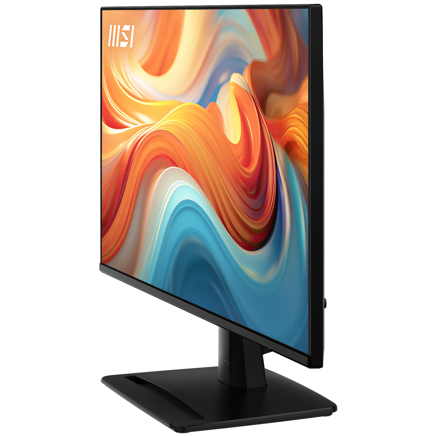 Een zwarte computermonitor met een kleurige, abstracte achtergrondafbeelding op het scherm.