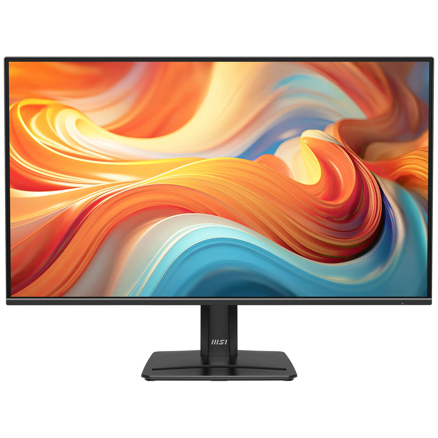 Een zwarte monitor met een kleurige, abstracte achtergrond.