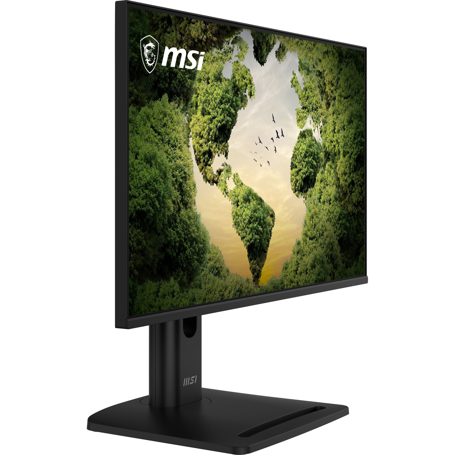Een zwarte MSI monitor toont een aardbol van bomen, met vogels in de lucht.
