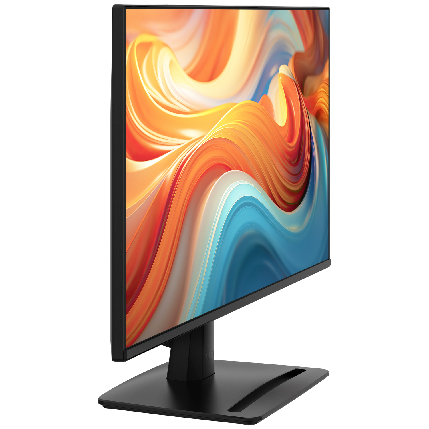 Een zwarte monitor met een kleurige, abstracte achtergrondafbeelding.