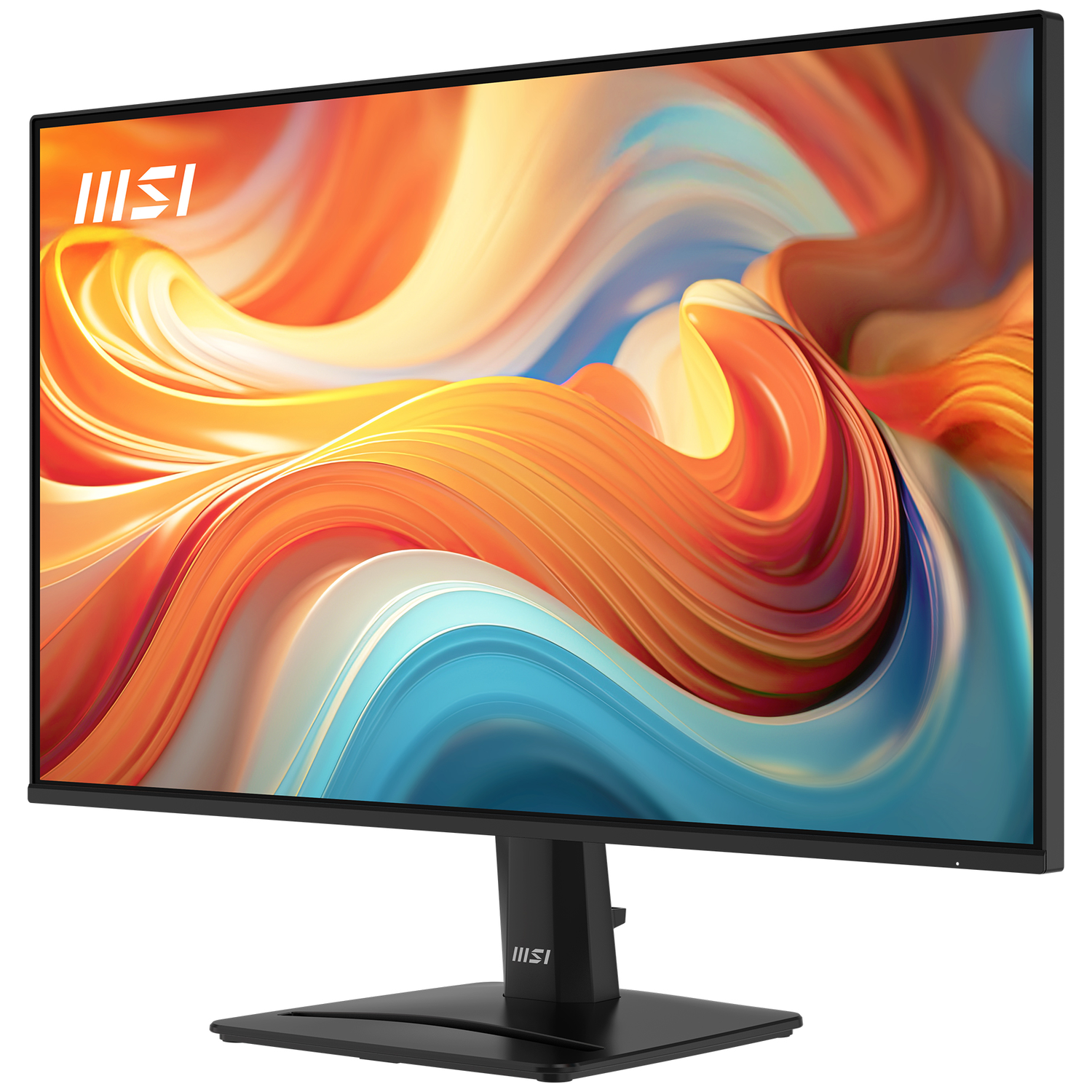 Een zwarte MSI monitor toont een kleurrijk, abstract golfpatroon op het scherm.