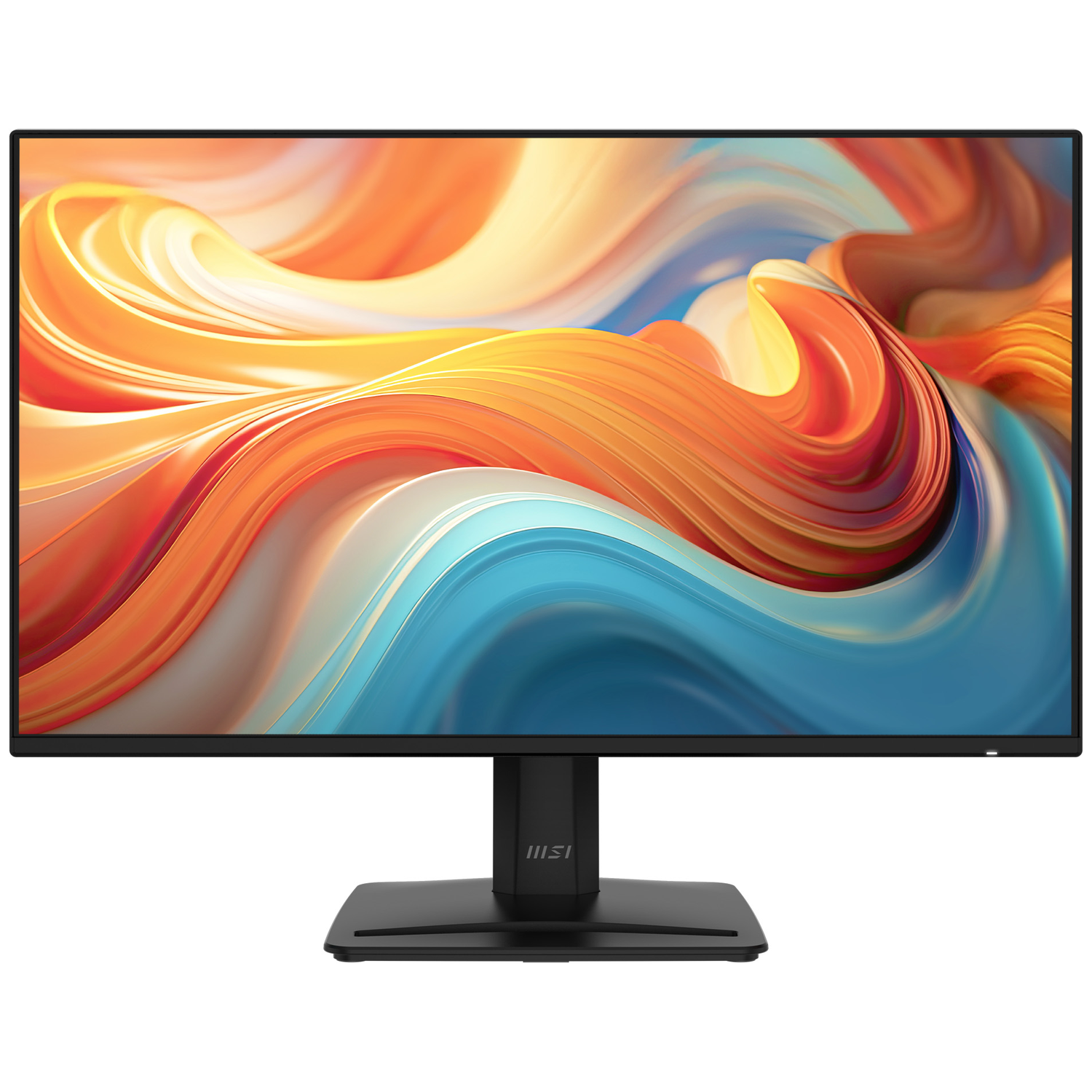 Zwarte MSI monitor met abstracte, kleurrijke achtergrond.