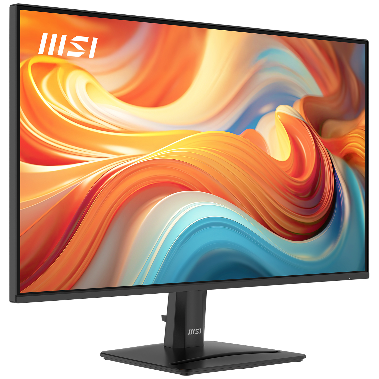 Een zwarte MSI monitor met een kleurrijke, abstracte achtergrond.