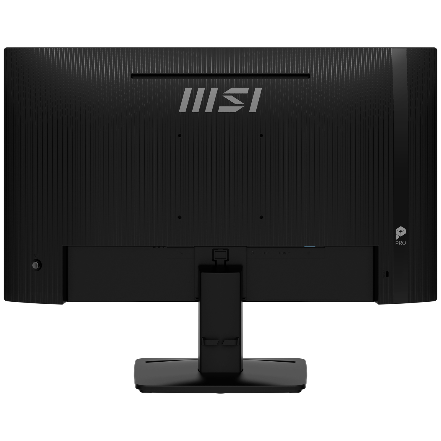 Achterkant van een zwarte MSI monitor met getextureerd oppervlak en poorten.