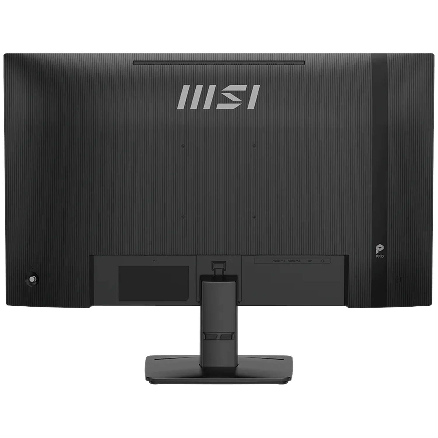 Achterkant van een zwarte MSI monitor met poorten en logo.