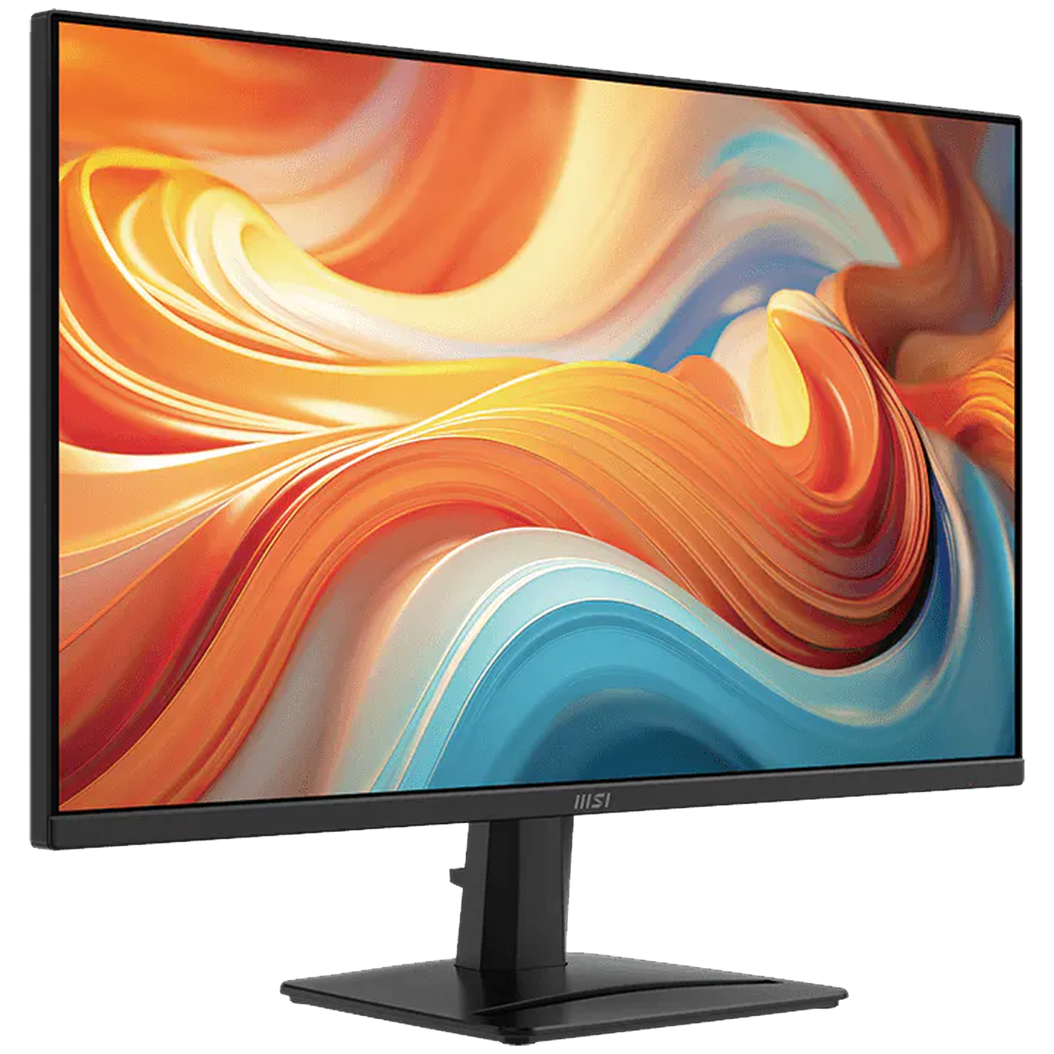 Een zwarte MSI monitor toont een kleurrijk abstract golfpatroon met oranje, blauw en wit.