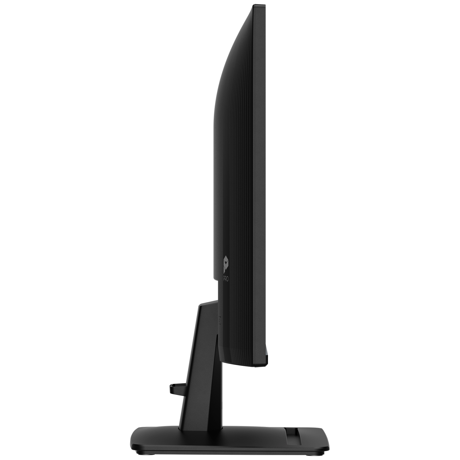 Zijaanzicht van een zwarte monitor met slanke rand en standaard.