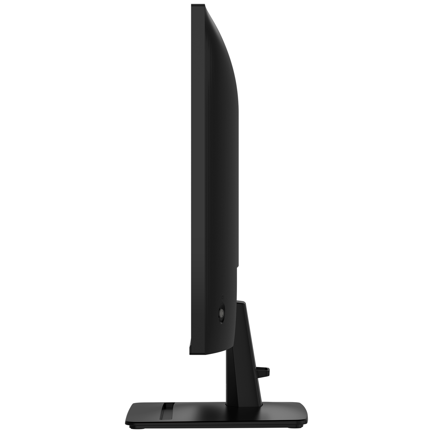 Zijaanzicht van een zwarte monitor op een witte achtergrond.