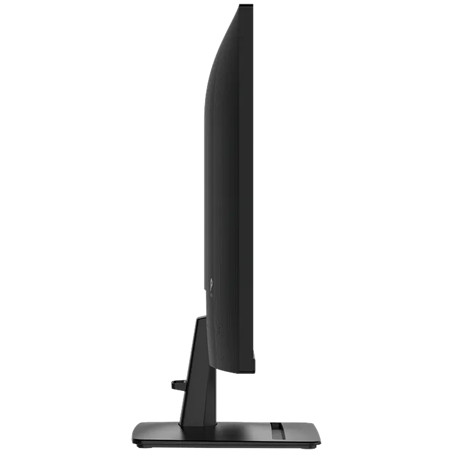 Zijaanzicht van een zwarte monitor op een standaard.