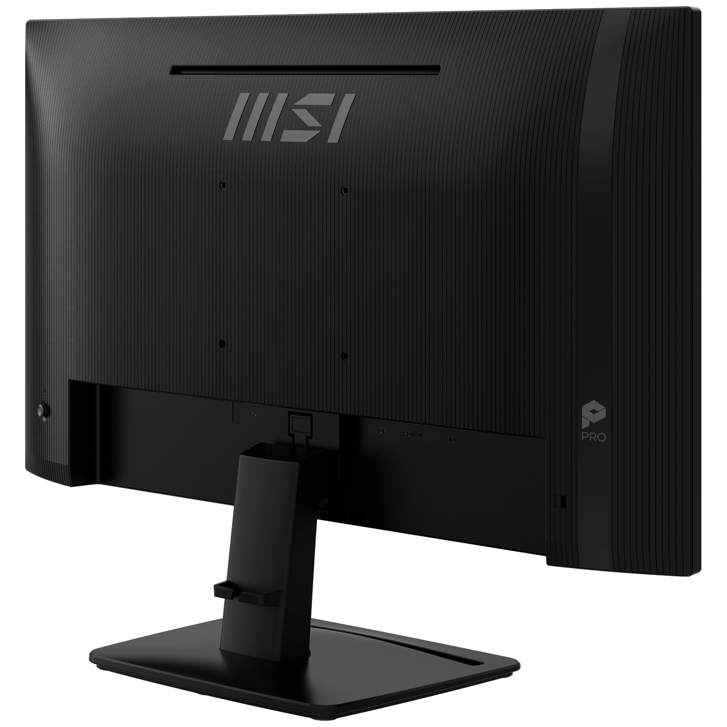 Achterkant van een zwarte MSI monitor met geribbelde textuur en zichtbare poorten.
