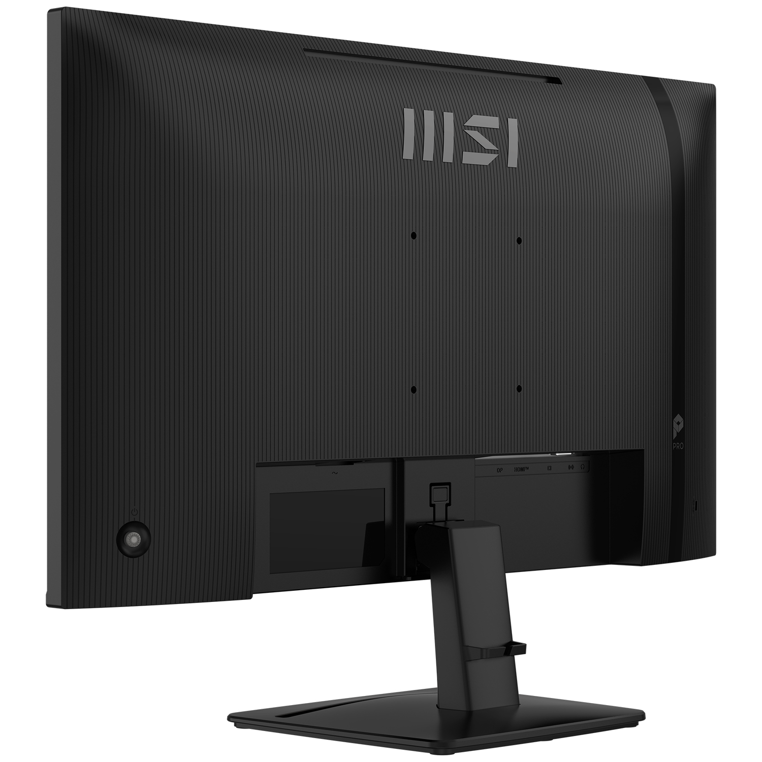 Achterkant van een zwarte MSI monitor met logo en poorten.