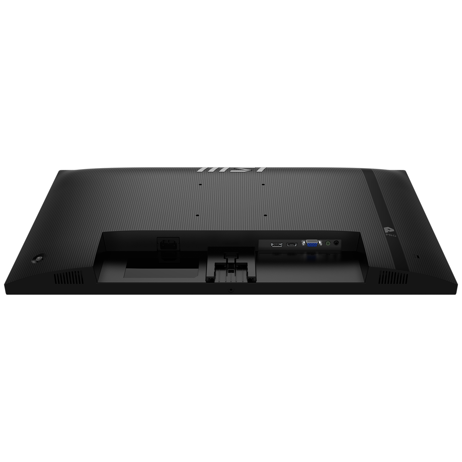Achterkant van een zwarte monitor met poorten: HDMI, VGA, Audio.
