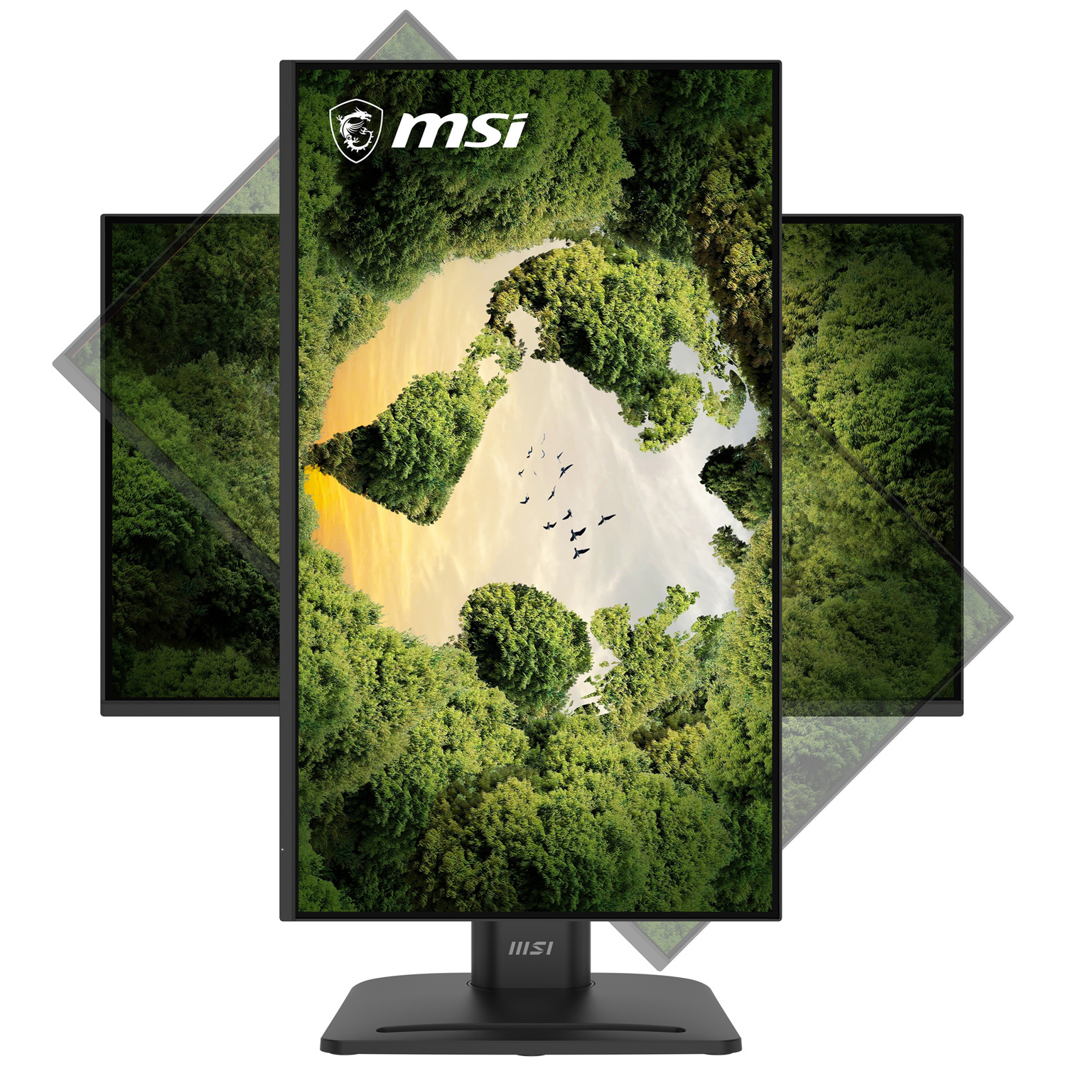 Drie MSI-monitoren verticaal weergegeven met een groen boslandschap.