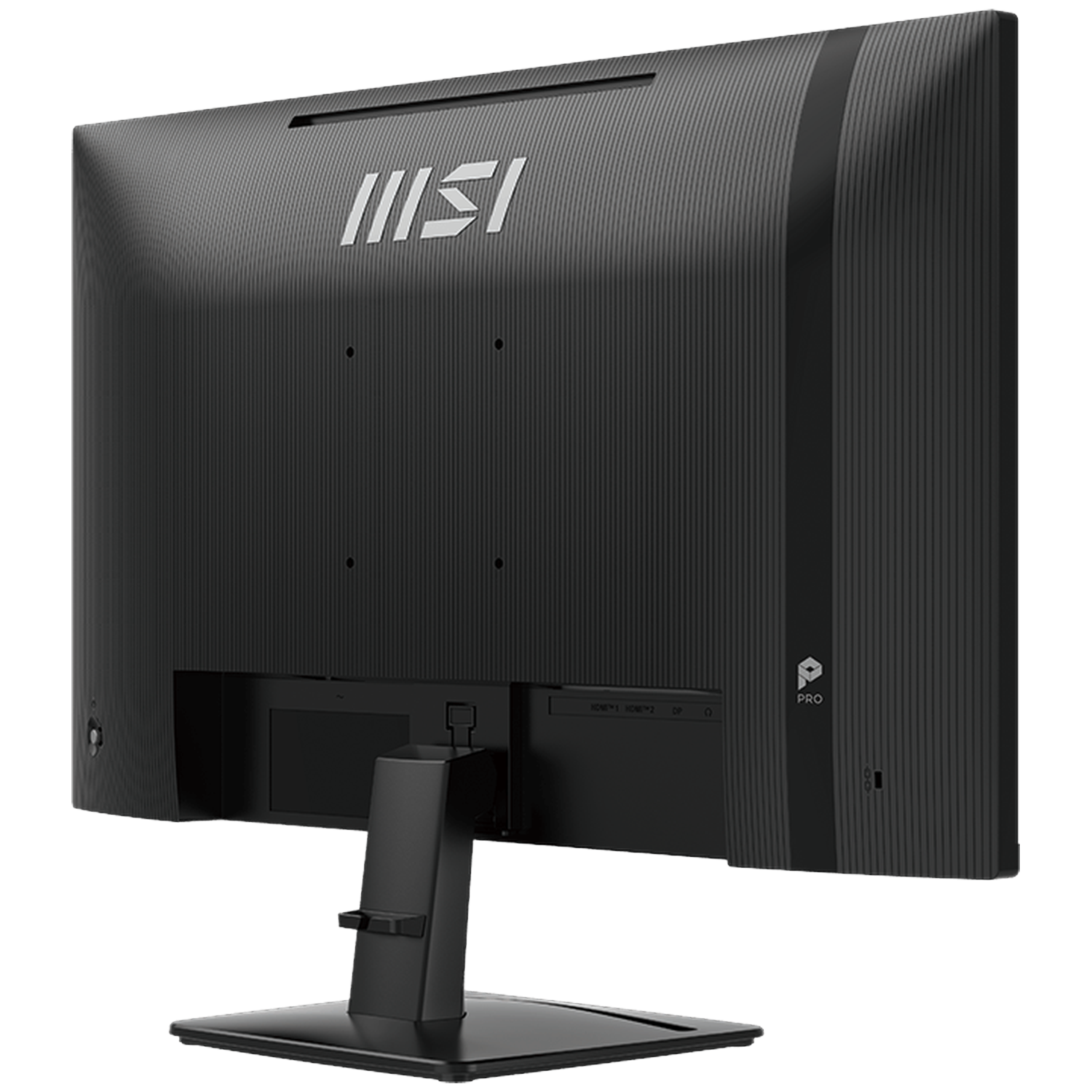 Achterkant van een zwarte MSI monitor met gegroefd design en zichtbare poorten.