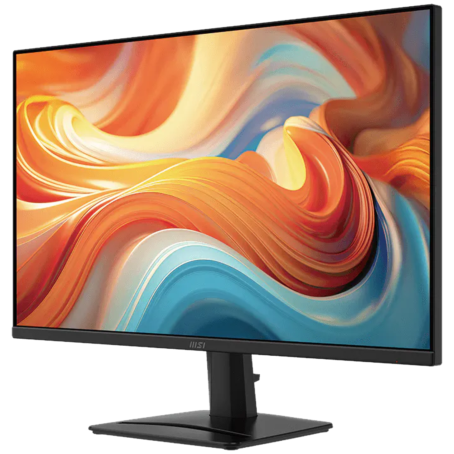 Een zwarte monitor met een abstracte, kleurrijke achtergrond.
