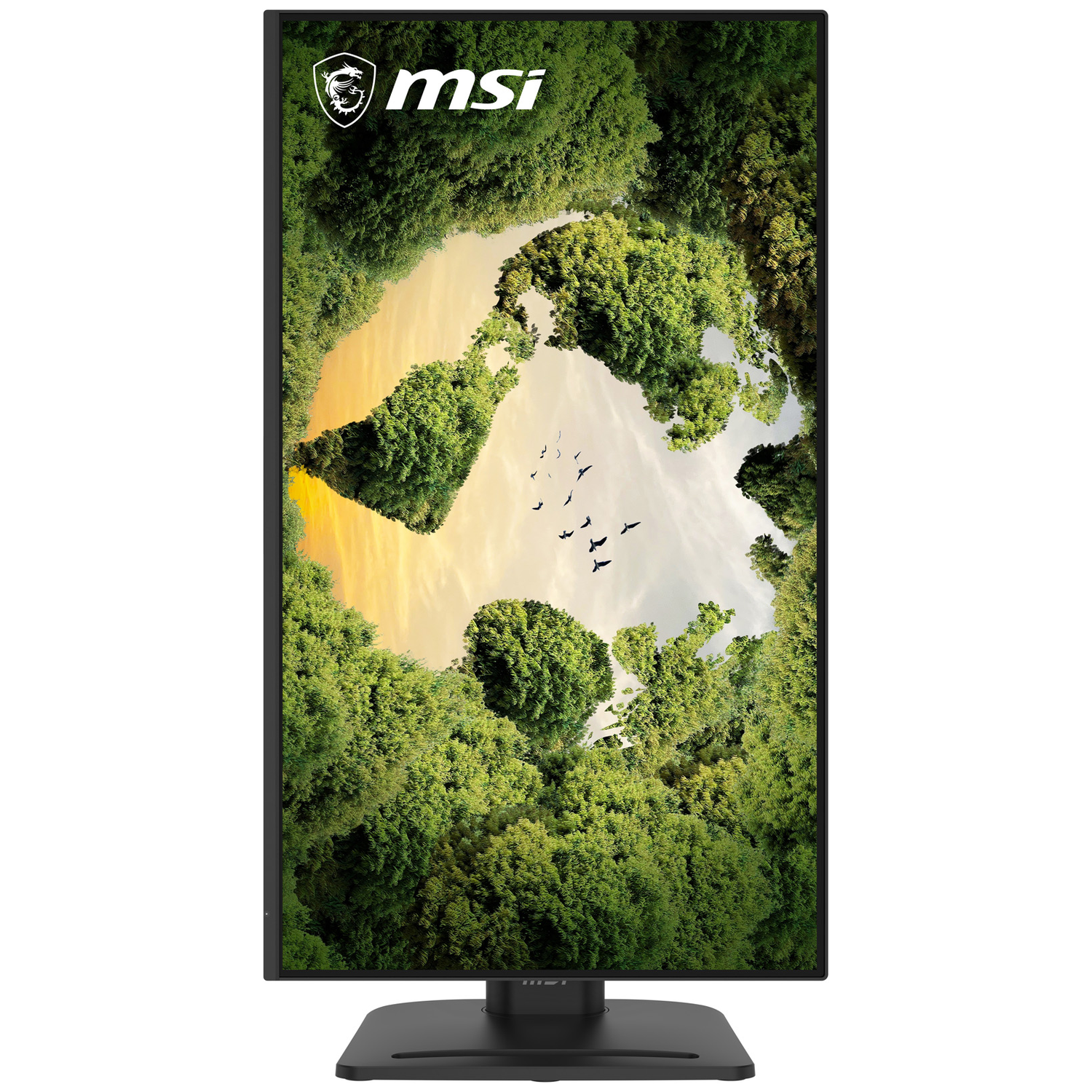 MSI-logo boven een wereldkaart van bomen, met vogels in de lucht.