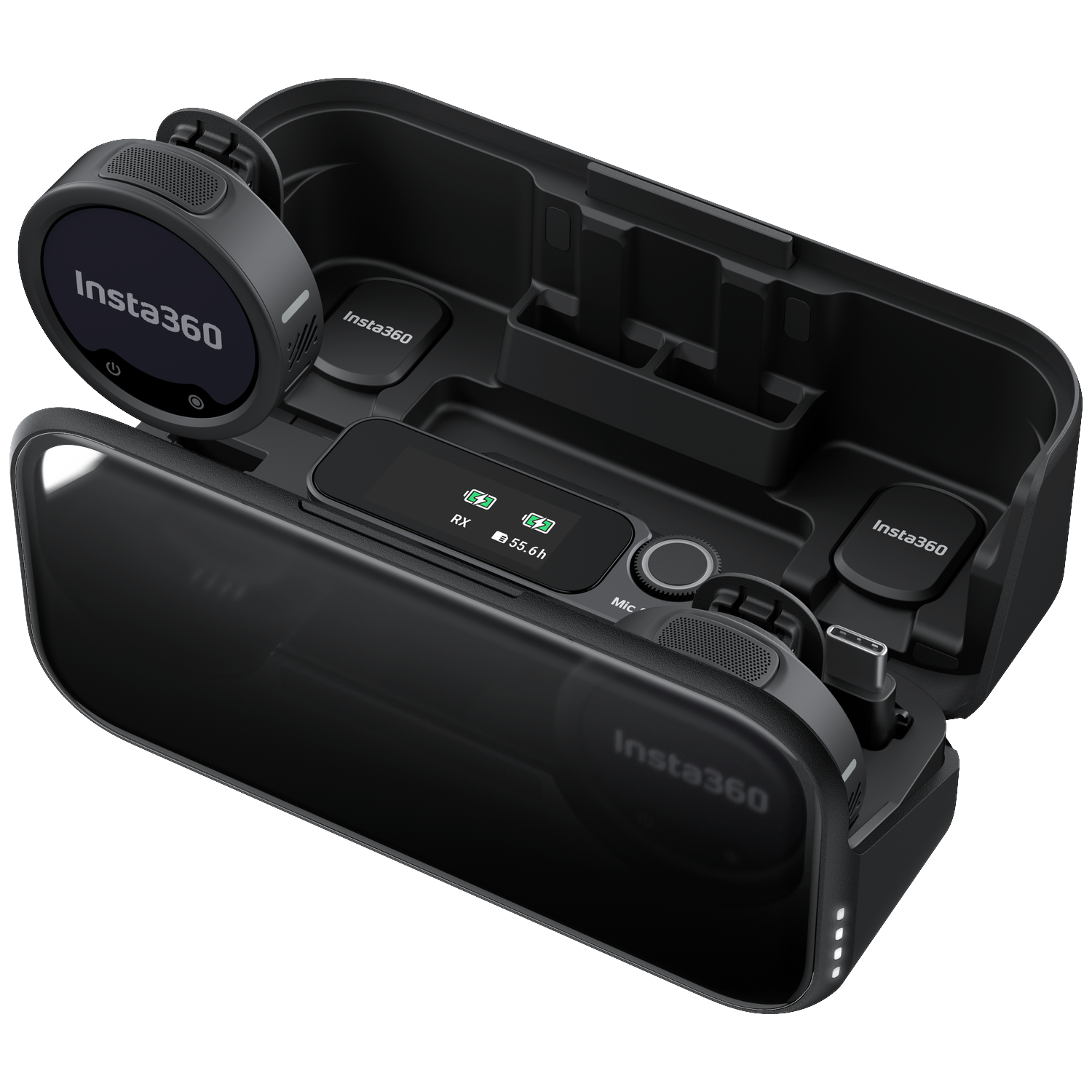 Zwart Insta360 audio-accessoire met oplaadcase, microfoon en display.