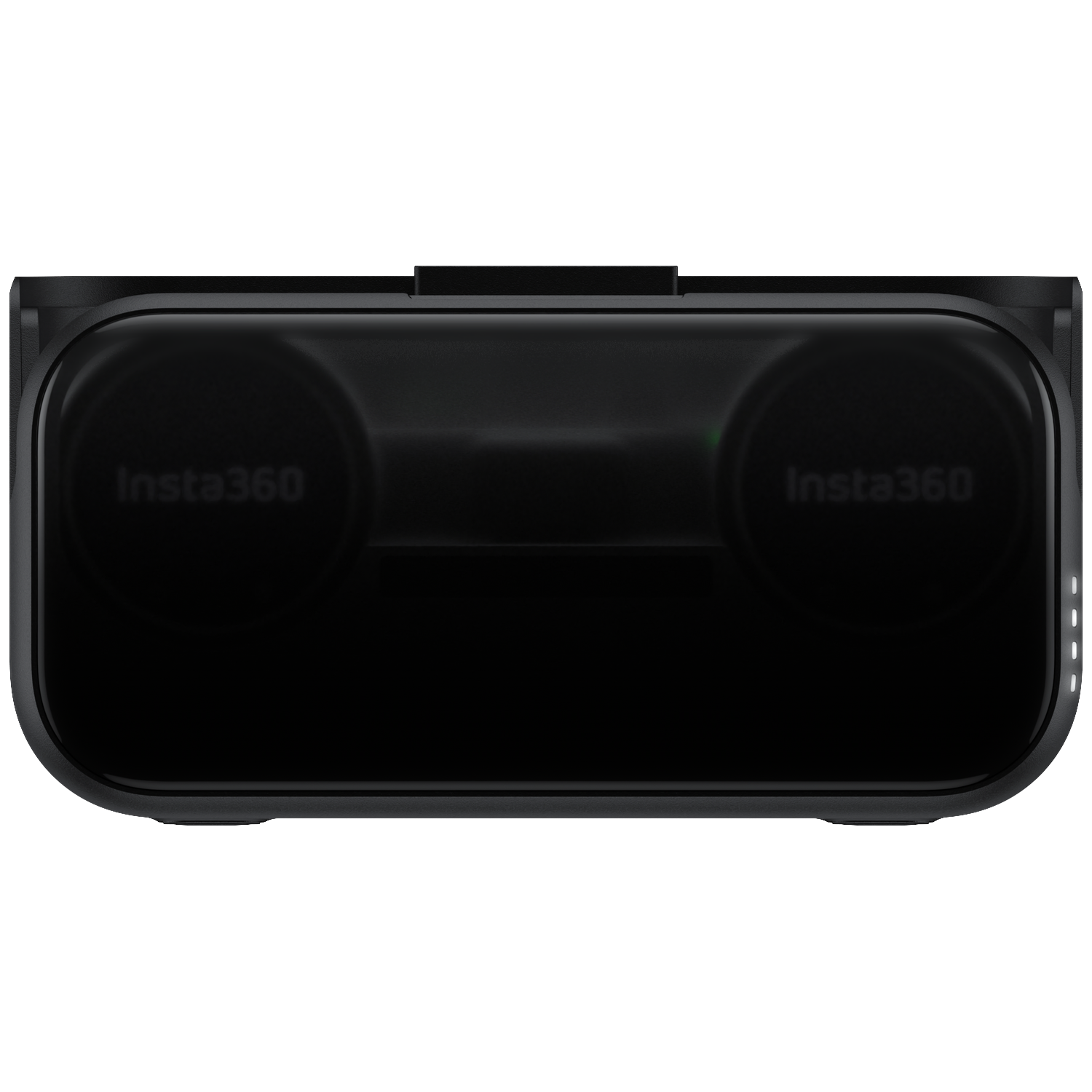 Zwarte getinte 360 camera met twee lenzen en 'Insta360' logo.