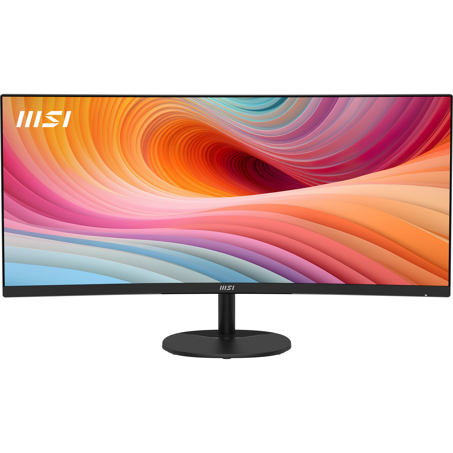 Een gebogen MSI monitor met een kleurige, abstracte achtergrond op het scherm.