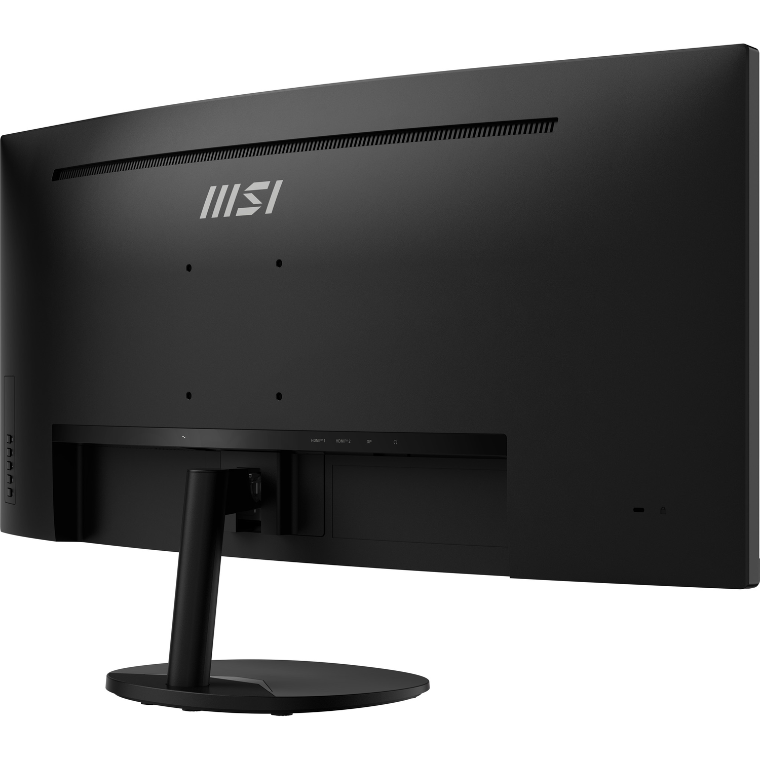 Achterkant van een zwarte MSI monitor met standaard en poorten.