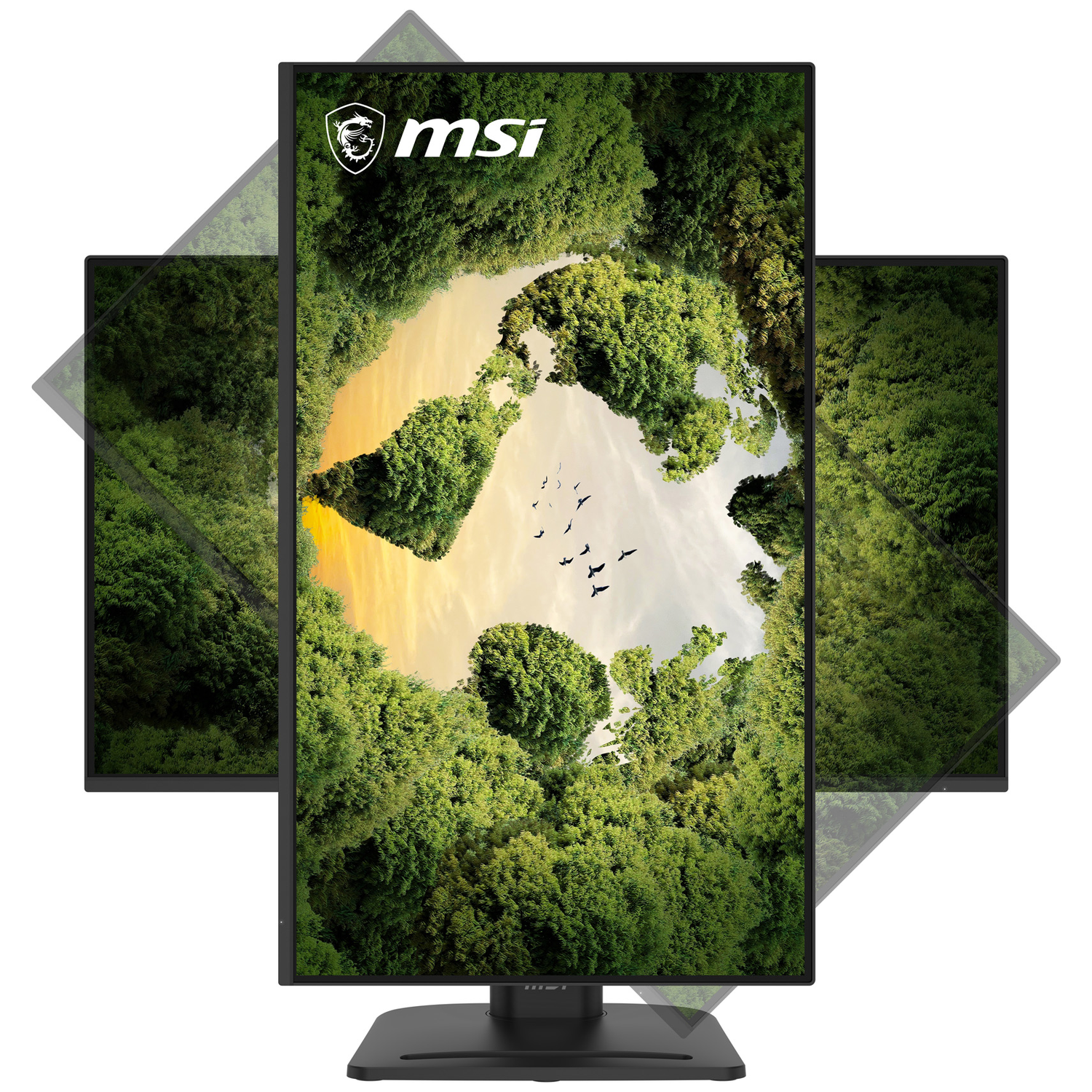 MSI monitor toont een wereld van bomen, vogels vliegen in de lucht.