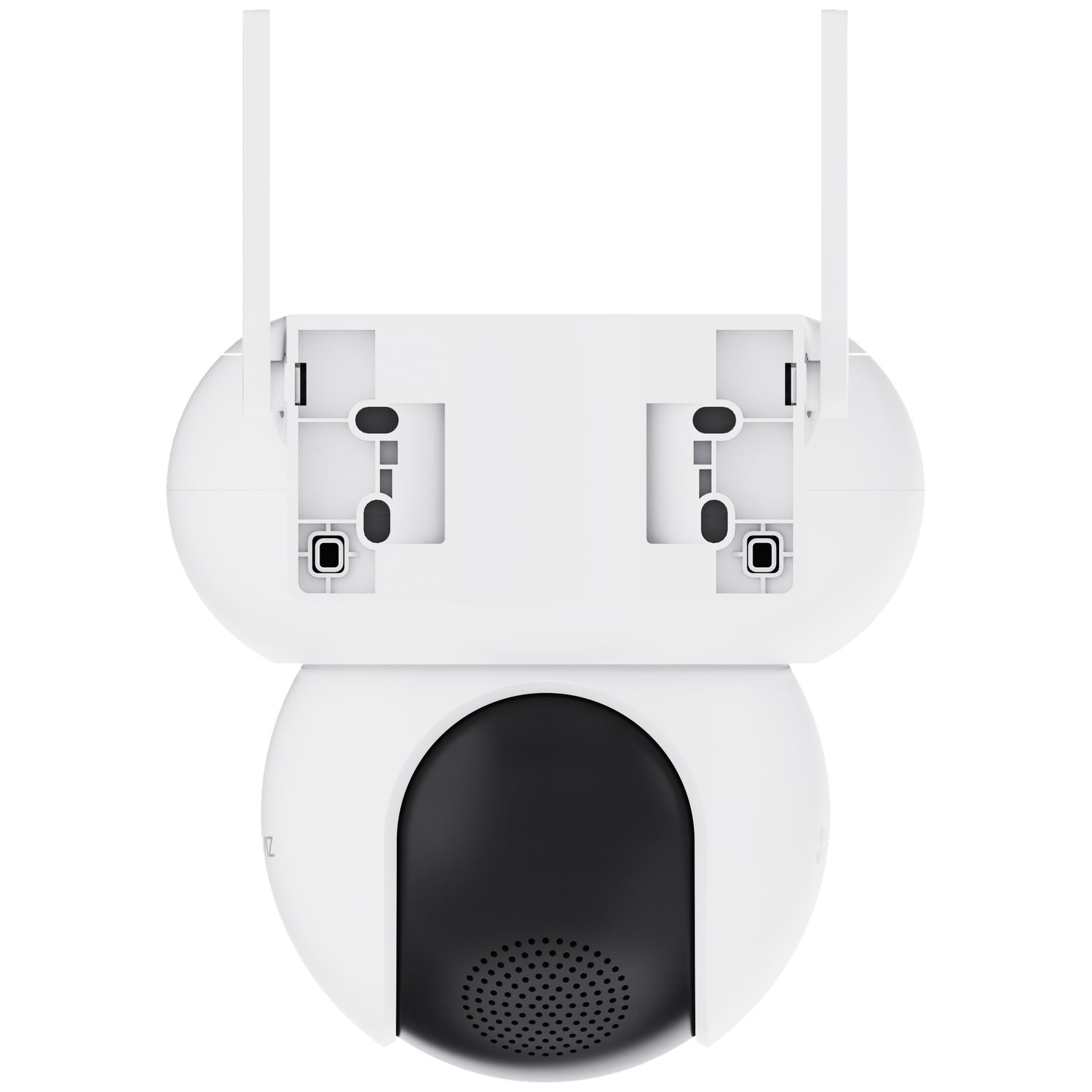 Caméra de sécurité blanche avec objectif noir et deux antennes. Support de montage visible.